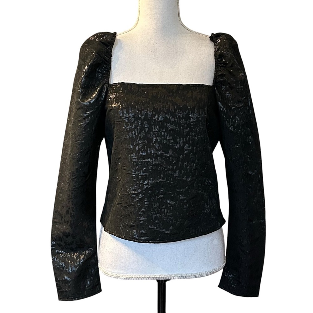 H&M Jacquard Weave Top with Long Puff Sleeve Women’s SZ US Medium in Black‎